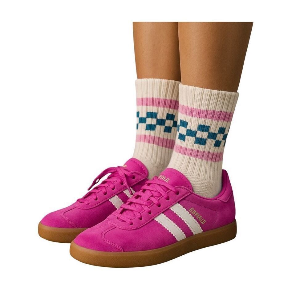 American Trench Retro Check Slouchy Crew Socks; Tile & Pink Striped Knit, USA